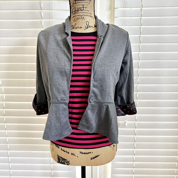 Paper tee Juniors X-Small Grey Pink Polka Dot Stripe Jacket Blouse Top Crew Neck - Picture 12 of 12
